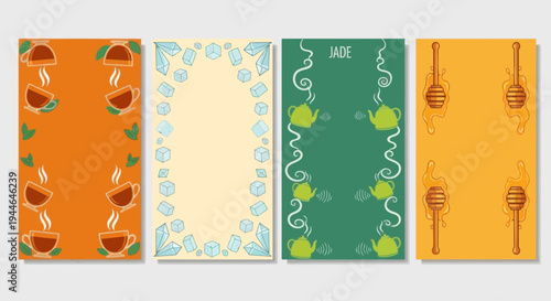 Set of Four Decorative Card Designs: Tea, Ice, Jade, and Honey