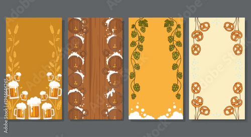 Oktoberfest Beer Mugs, Hops, Barrels, Wheat and Pretzels Border Design