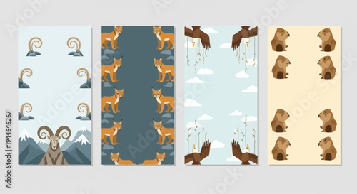 Set of Vertical Banners with Cute Cartoon Animals in Natural Mountain and Forest Scenes