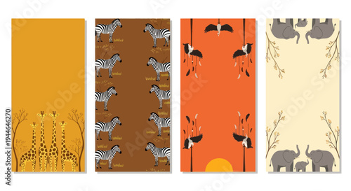 African Safari Animals Pattern: Giraffes, Zebras, Elephants, Birds, Sunset