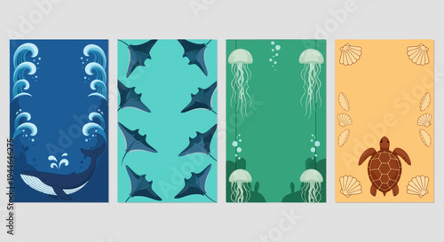 Oceanic Wildlife Frames: Whale, Rays, Jellyfish, Turtle, Seashells