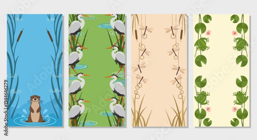 Cute Otter, Herons, Dragonflies, and Frogs Border Designs for Nature-Themed Projects