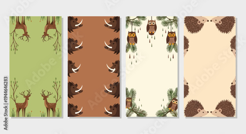 Cute Forest Animals Pattern Set: Deer, Boar, Owl, Hedgehog