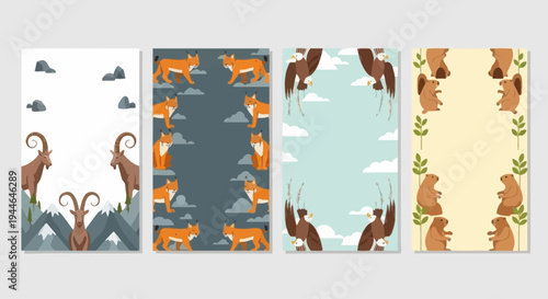 Set of 4 Flat Design Animal Borders: Mountain Goat, Fox, Eagle, Beaver