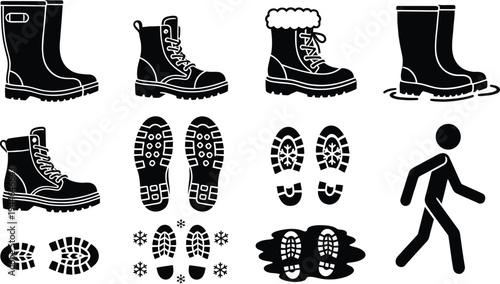 Winter boots and footprints icon set, hiking shoe sole marks and walking tracks silhouette collection isolated background