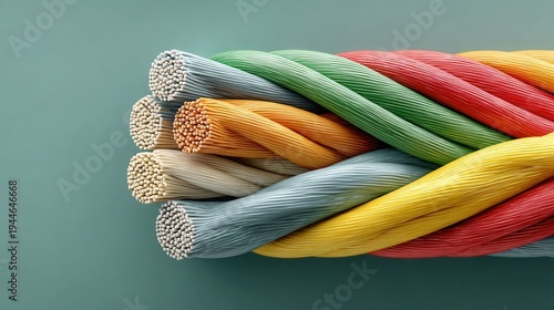 Close-up of coiled cables on solid color background with empty space