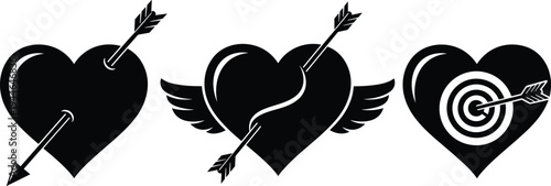 Romantic heart arrow icons set, love symbol with wings, target bullseye design, Valentine’s Day vector illustration, affection artwork silhouette