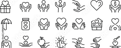 Charity icons, donation symbols, care support, helping hands, giving heart, community aid, healthcare, generosity, compassion, kindness, social work, assistance