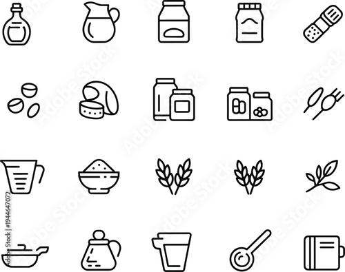 Cooking and food ingredient icon set illustration, kitchen utensil graphic, recipe design element, culinary product symbol, household item art, grocery essentials image
