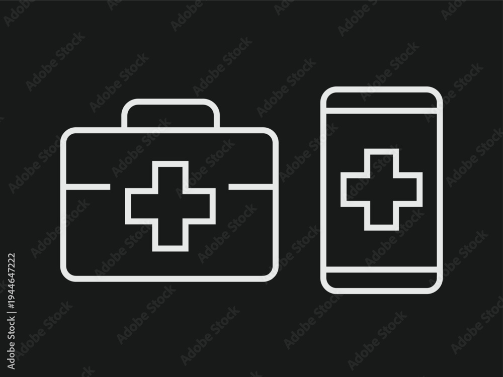 Fototapeta premium Illustrations of a medical kit and a smartphone with a medical symbol.