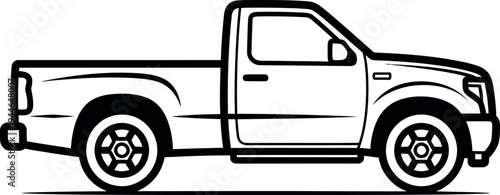 Black and white line art icon depicting a single cab pickup truck viewed from the side in a minimalist graphic style