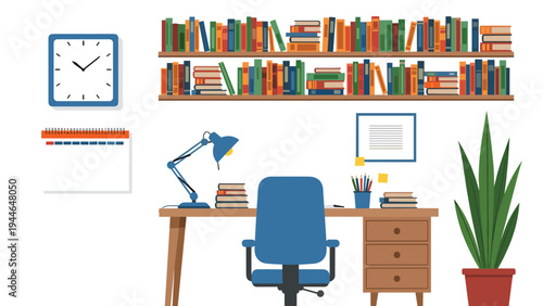 Organized home office workspace featuring a wooden desk blue ergonomic chair computer lamp bookshelves and a wall clock for productivity.