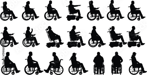 Wheelchair user silhouettes, accessibility icons, mobility aid illustration, inclusive design artwork, diverse disability representation, black white graphic, healthcare symbol collection