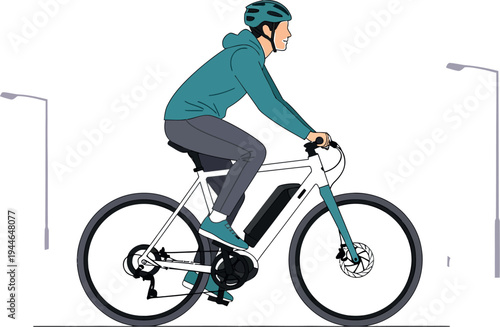 A man wearing a helmet and teal hoodie actively rides his modern electric bicycle, symbolizing efficient, sustainable urban commuting and a healthy, eco-friendly lifestyle in the city.
