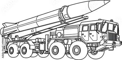 Heavy 8x8 wheeled transporter erector launcher technical vector illustration with ballistic missile in elevated launch position on white background.