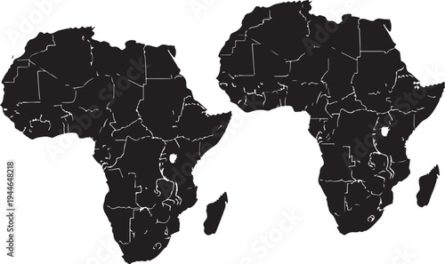 Black Africa map with country borders on white background