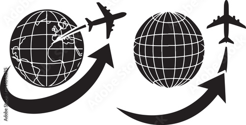 Airplane flying around the globe, symbolizing travel and transportation
