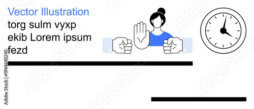 Teamwork, conflict resolution, time management, decision-making, leadership, deadlines. A woman raising her hand between two fists and a clock. Conflict resolution and time management concept