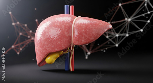 Healthy human liver and gallbladder anatomy with major blood vessels on a dark background showing connections