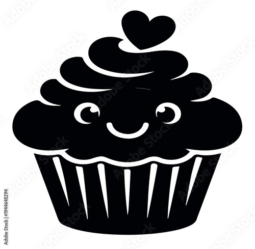 Stylized black and white cupcake illustration with smiling face swirled frosting and heart detail playful design combining food and character imagery