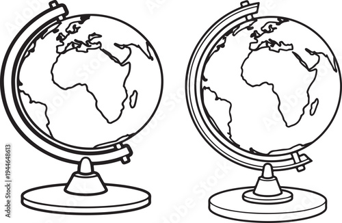 Globe on stand, world map, educational illustration, black and white