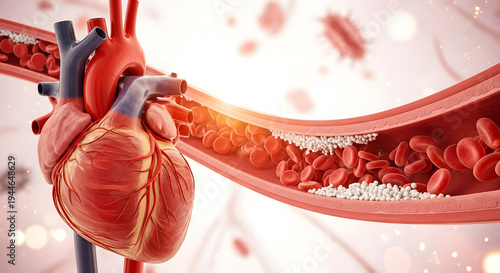 Human anatomical heart with blood cells and arterial plaque buildup in a vessel illustration