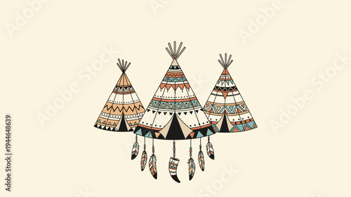 Group of three traditional Native American teepees decorated with patterns and hanging feathers on a simple cream colored background.