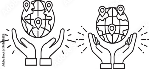 Hands holding a globe with location pins, symbolizing global connection and navigation