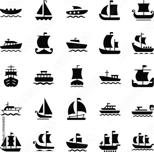 Collection of diverse ship and boat icons, including sailboats, yachts, and cargo vessels, in a minimalist graphic style