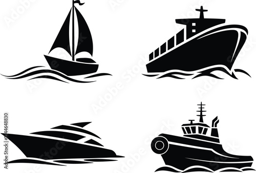 A graphic collection of maritime transportation icons featuring various nautical vessels, including a sailboat, large cargo ship, sleek speedboat, and sturdy tugboat design