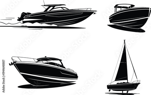 Set of a stark black and white illustration depicting various marine vessels, showcasing motorboats, yachts, and an elegant sailboat for water sports and leisure activities