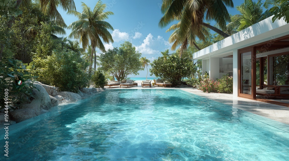 Fototapeta premium Luxury tropical villa by the pool with palm trees on a sunny summer day 