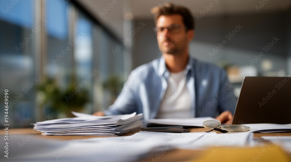 Obraz premium Certified public accountant preparing small business tax return with scattered receipts invoices and expense reports across conference table during tax season rush, professional service workflow,