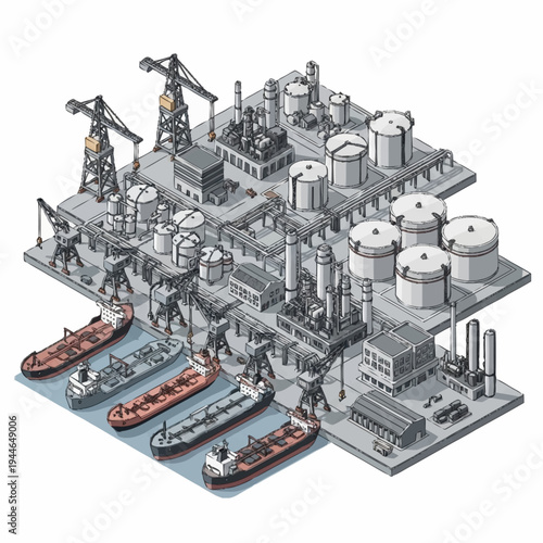 Isometric illustration of a large industrial port with oil tankers and refinery.