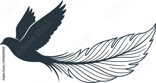 Stylized dark silhouette of a flying bird whose long flowing tail transforms elegantly into a detailed detailed feather illustration