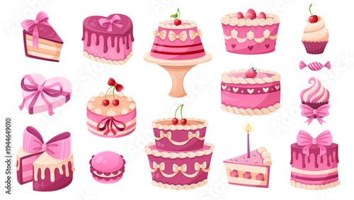 Coquette birthday and wedding set of cakes with bow ribbons, strawberry and cherry. Cute pink desserts, heart decorations, cream pastries and sweet chocolate elements in trendy girly aesthetic.
