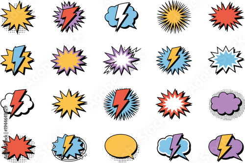 A vibrant set of 15 comic book style graphic icons featuring speech bubbles, powerful explosion bursts, and energetic lightning bolts. Pop art design elements