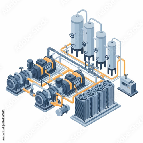 Isometric Industrial Water Treatment Plant with Pumps and Tanks.