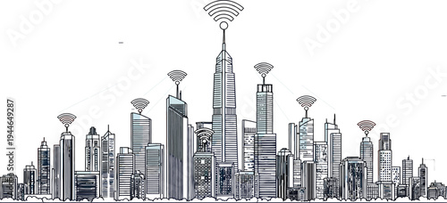 City skyline illustration depicting widespread wireless internet connectivity beams emanating from antennas atop tall commercial buildings at dusk