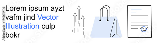 E-commerce, digital transactions, online shopping, agreement signing, marketing trends, business growth. Shopping bag, document with signature and upward arrows. E-commerce and digital transactions