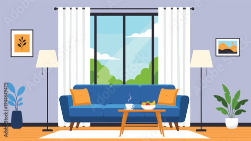Bright and modern living room interior featuring a blue sofa colorful cushions house plants and a large window with a garden view.