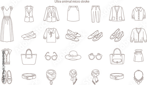 A comprehensive collection of minimalist line art vector icons showcasing women's fashion apparel, elegant accessories, and stylish footwear perfect for modern design projects.