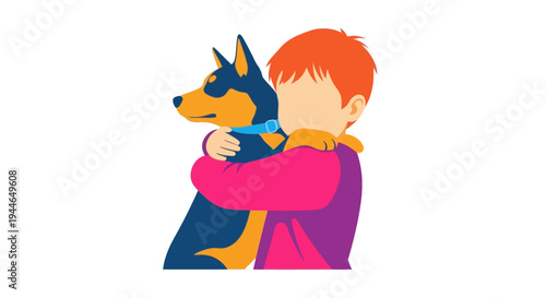 Child affectionately hugging a dog, symbolizing friendship and companionship