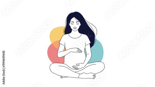 Calm pregnant woman sitting in a lotus position and meditating for wellness with colorful abstract circles in the background.