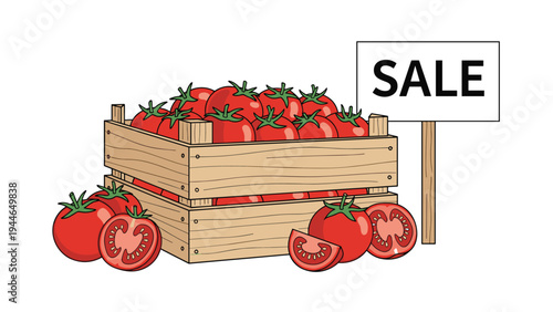Wooden crate full of ripe red tomatoes with a sale sign in a garden market setting, illustrating organic harvest and healthy food.
