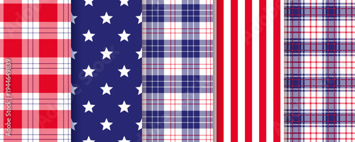 4th July seamless pattern. American backgrounds. Patriotic blue red textures. Happy independence prints. Set of geometric backdrops with stars stripes and check. USA flag colors. Vector illustration