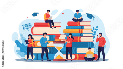 Diverse group of people studying and reading while sitting on large stacks of books with an hourglass representing time management.
