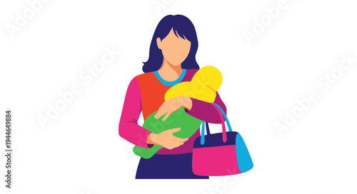 Mother holding baby in arms with diaper bag, family lifestyle illustration