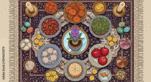 Overhead view of a beautifully arranged haft seen table setting symbolizing spring renewal and traditional persian celebration elements
