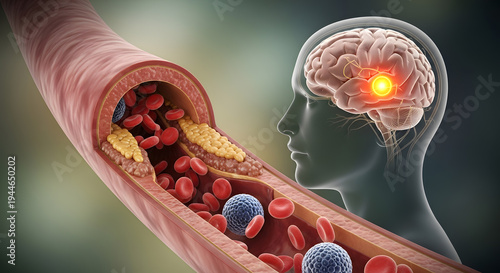 Human brain and clogged blood vessel with plaque and red cells showing an active medical condition